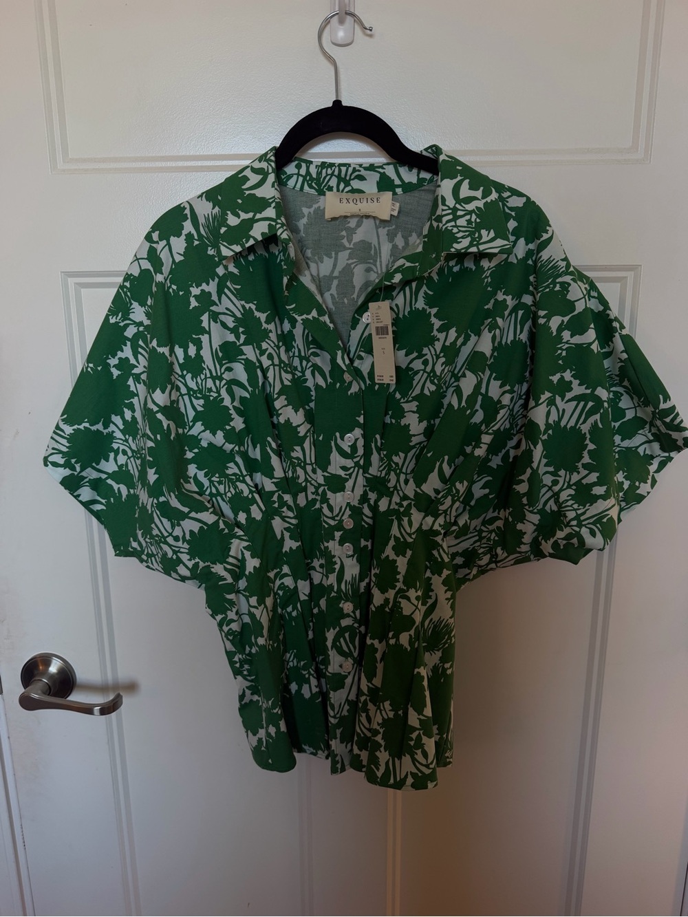 Anthropologie Green and White Floral Button-Front Blouse